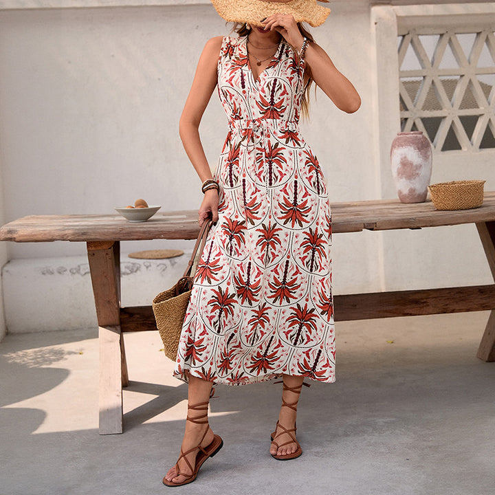 Damen Maxikleid mit tropischem Musterdruck und taillierbarem Gürtel Drune