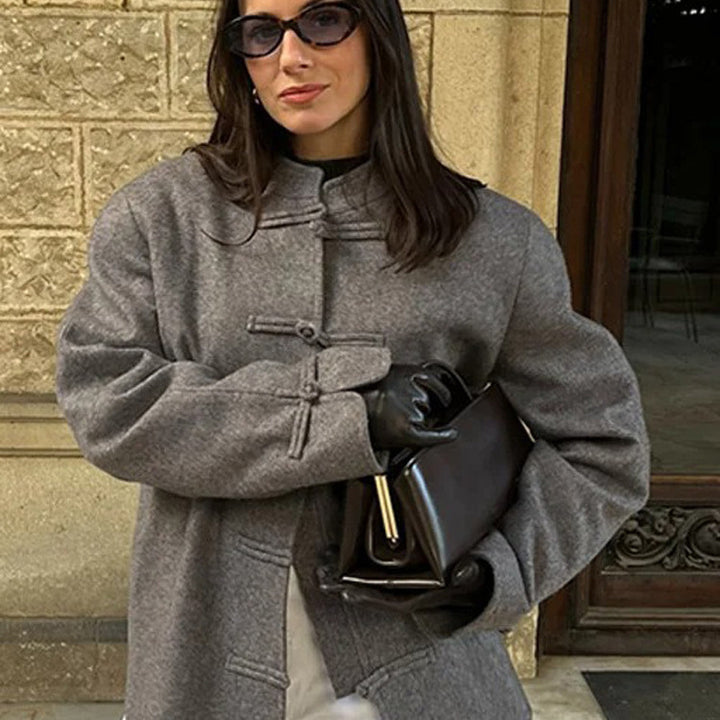 Damen Oversize Wollmix-Jacke mit Mandarinkragen und Knebelverschlüssen Drune