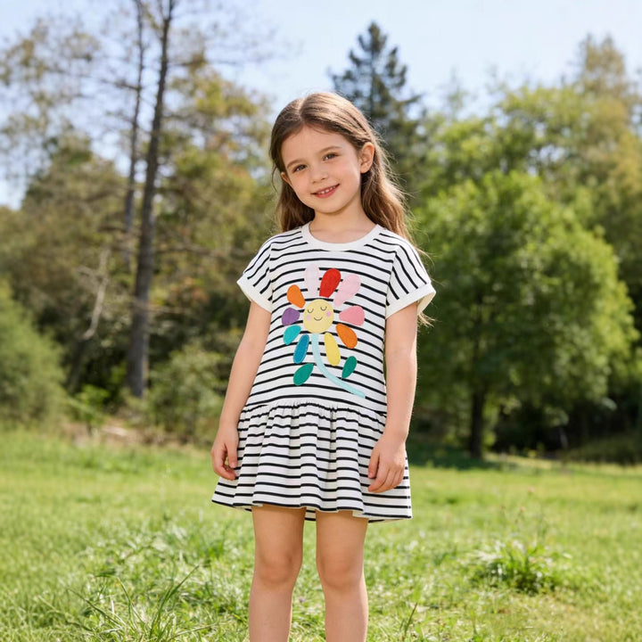 Mädchen gestreiftes Kleid mit buntem Blumenmotiv Drune