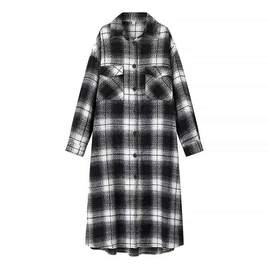 Damen Longline-Karo-Überhemd mit Oversize-Schnitt und aufgesetzten Pattentaschen Drune