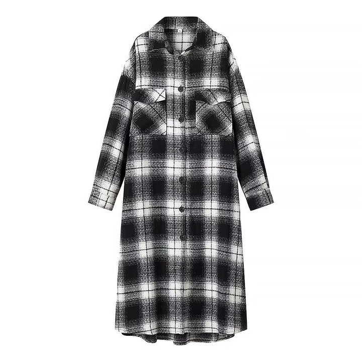 Damen Longline-Karo-Überhemd mit Oversize-Schnitt und aufgesetzten Pattentaschen Drune