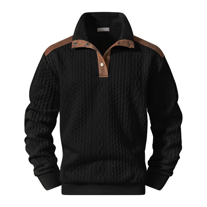 Herren Strickpullover mit Zopfmuster, Stehkragen und Kontrast‑Schulter- & Ellbogenpatches Drune