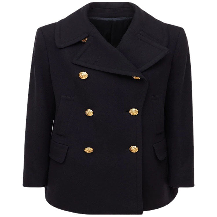 Damen Kurzer Zweireihiger Wollmix-Peacoat mit goldenen Zierrundknöpfen und taillierter Silhouette Drune