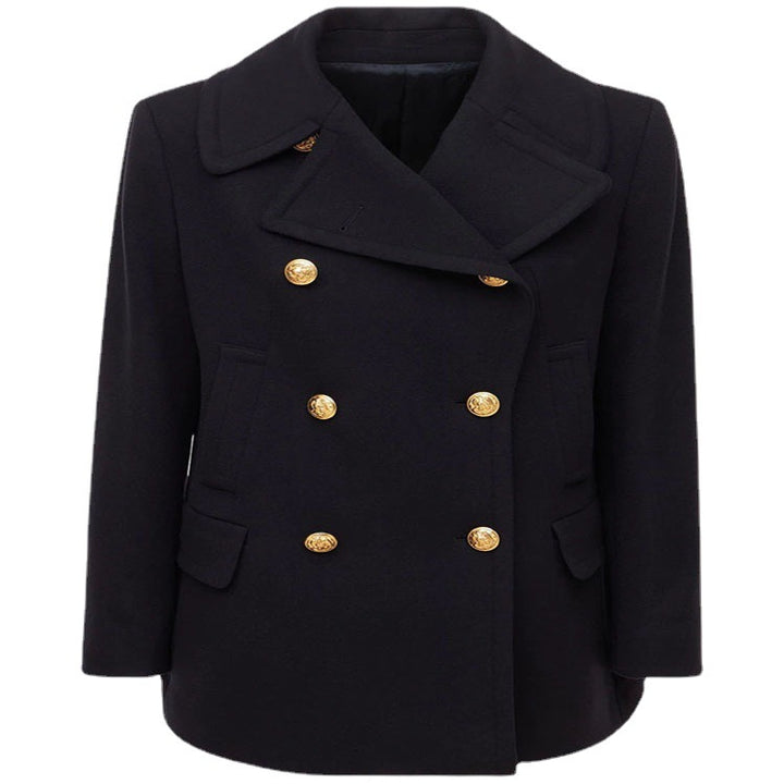 Damen Kurzer Zweireihiger Wollmix-Peacoat mit goldenen Zierrundknöpfen und taillierter Silhouette Drune