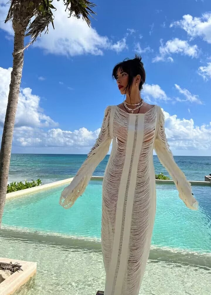 Damen elegantes Strandkleid mit raffinierten Fransen und transparenten Elementen Drune