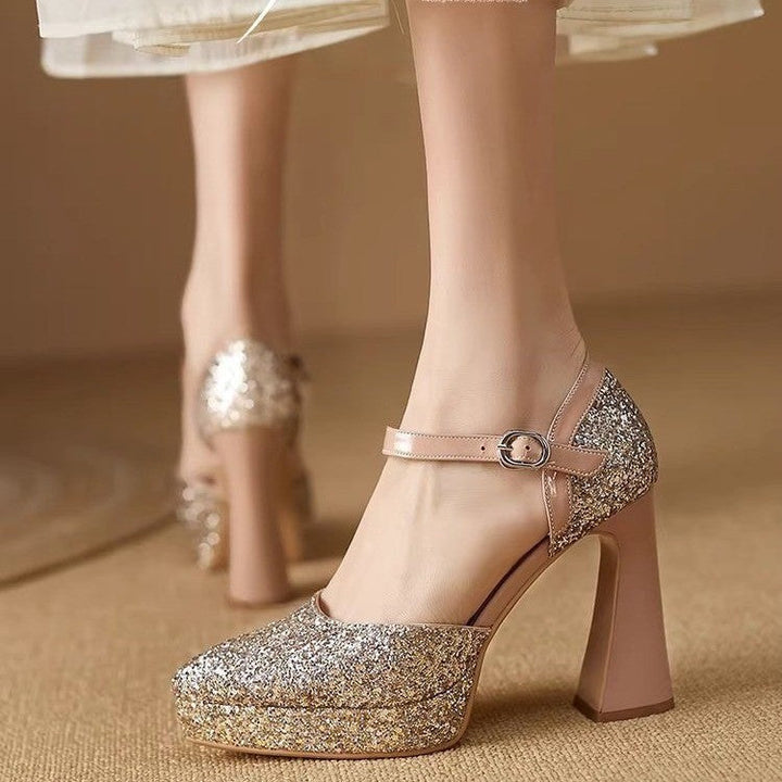Damen Glitzernde Plateau-Pumps mit elegantem Riemchen Drune