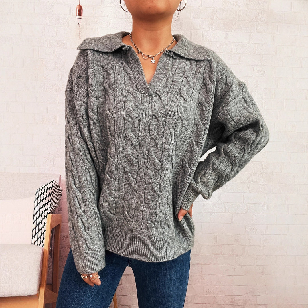 Damen Grobstrickpullover mit farbenfrohem Zopfdesign und klassischem Kragen Drune