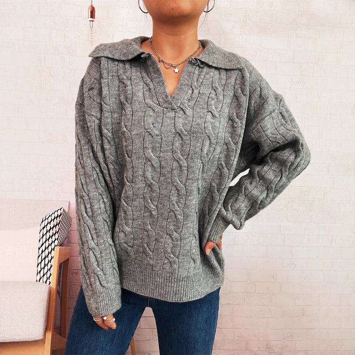 Damen Grobstrickpullover mit farbenfrohem Zopfdesign und klassischem Kragen Drune