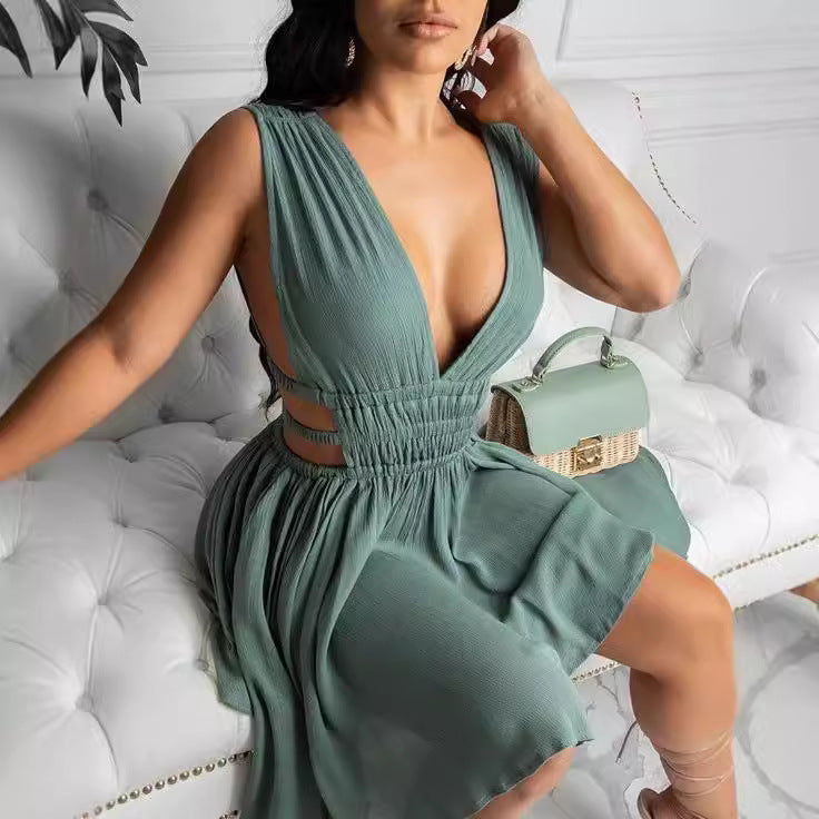 Damen Sommerliches Cut-Out Kleid mit V-Ausschnitt und Raffung Drune