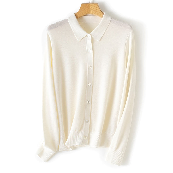 Damen Feiner Knopfcardigan mit Hemdkragen und feinem Feinstrick Drune