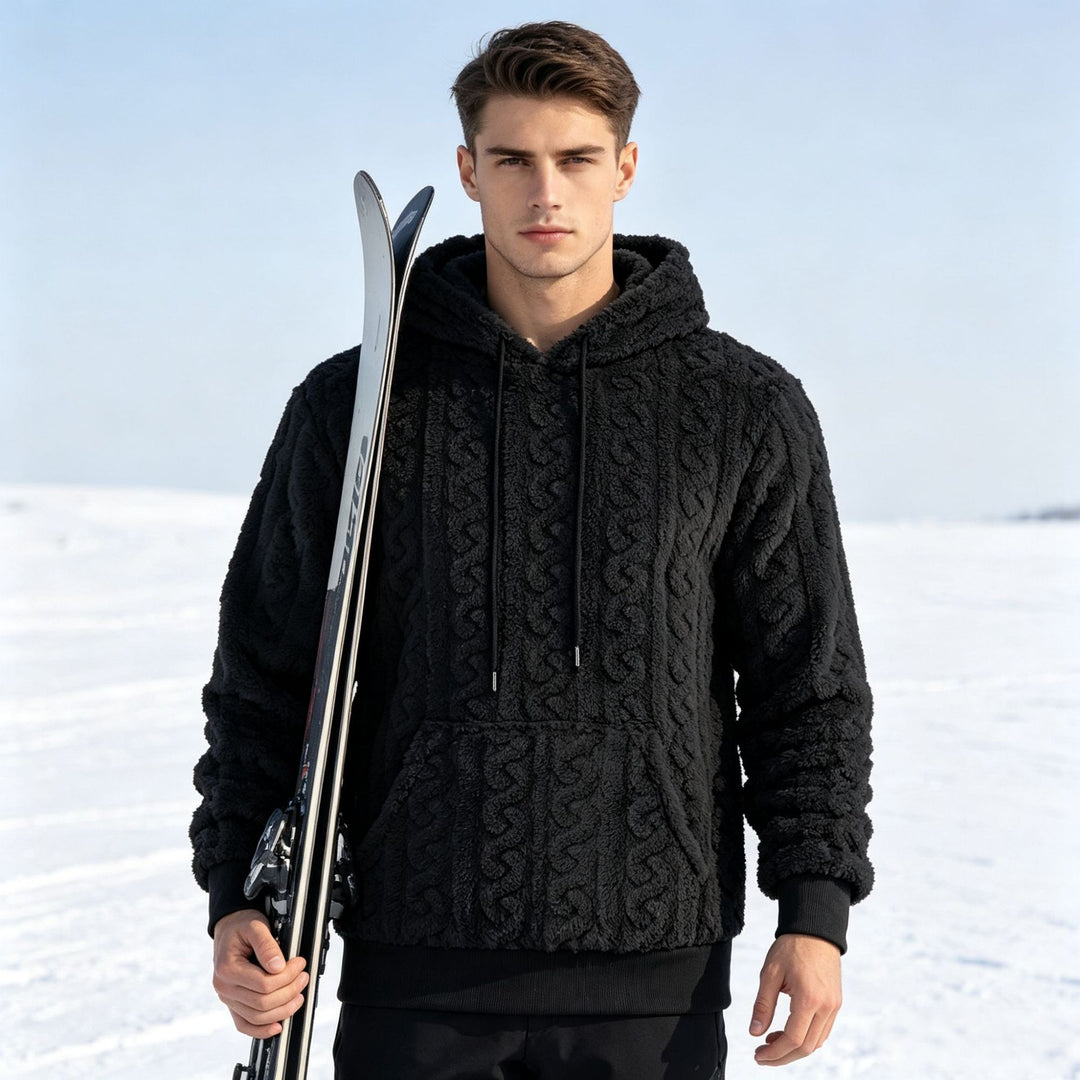 Herren Sherpa-Kapuzenpullover mit Zopfmuster, Kängurutasche und Rippbündchen Drune