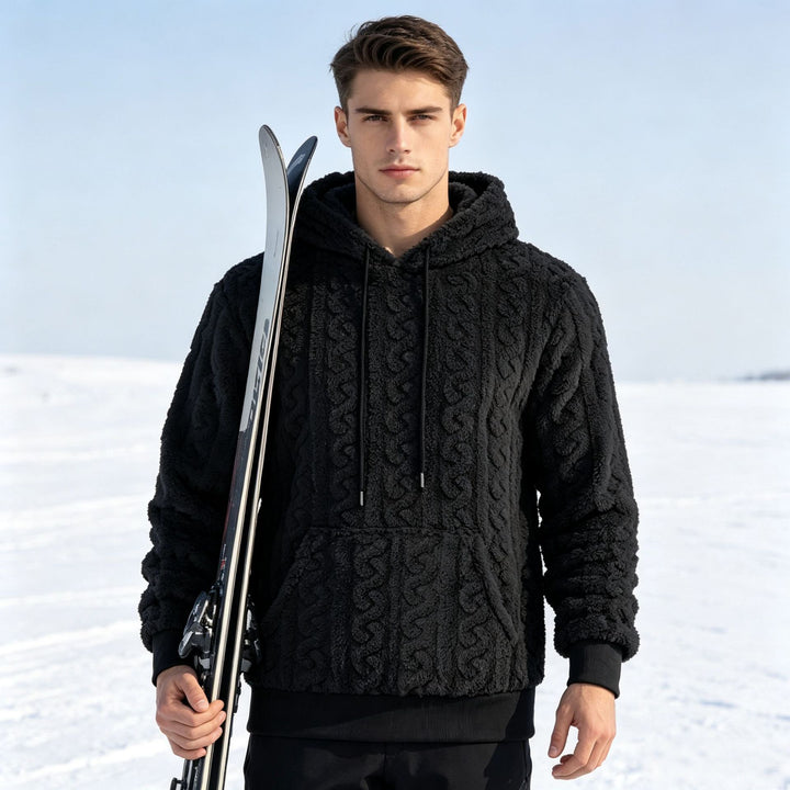 Herren Sherpa-Kapuzenpullover mit Zopfmuster, Kängurutasche und Rippbündchen Drune