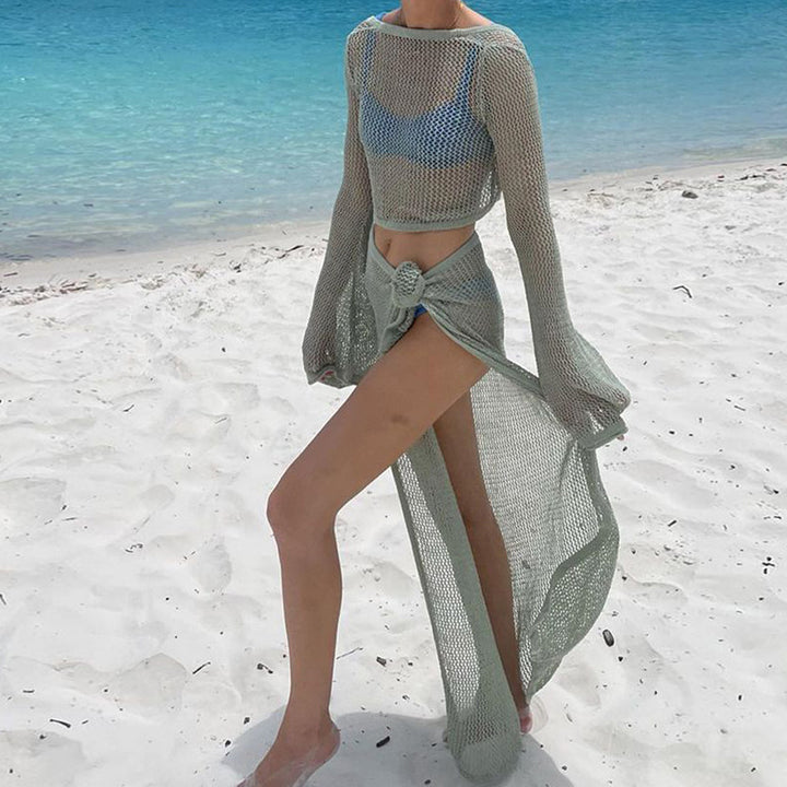 Damen Netz-Strandkleid mit umschlagbarem Ausschnitt und lässigem Stil Drune