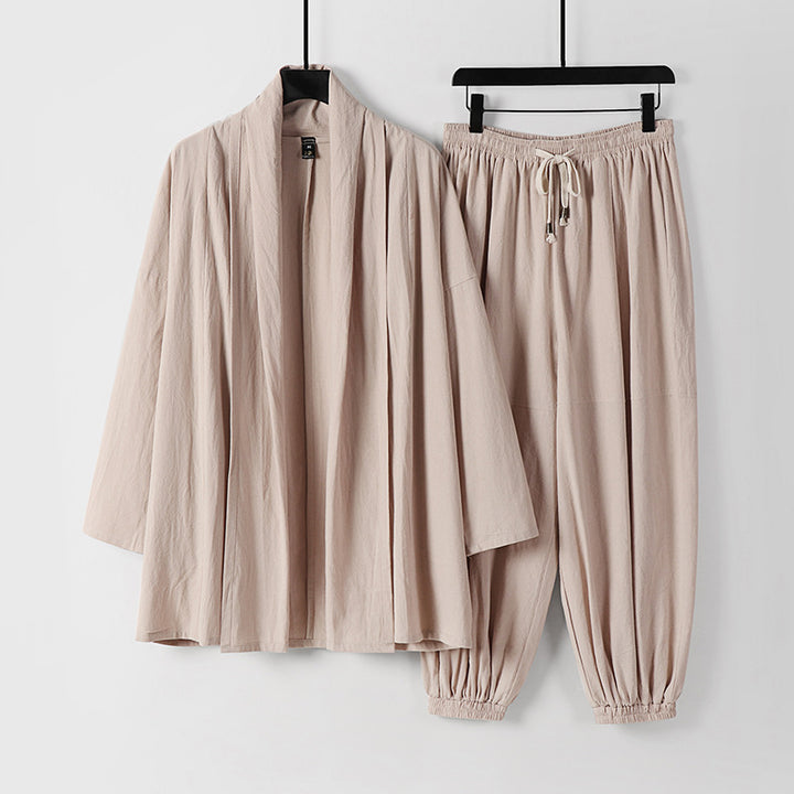 Unisex Entspanntes Kimono-Zweiteiler aus Baumwollmusselin mit Schalkragenjacke und geraffter Knöchelhose Drune