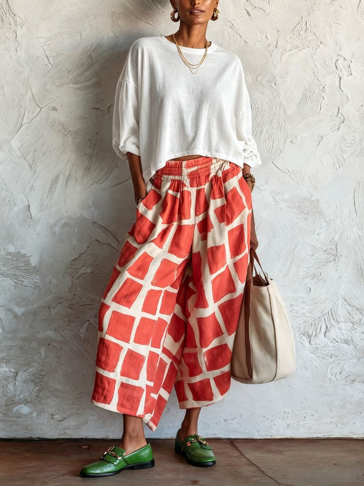 Damen Weite Culotte-Hose aus Leinenmix mit elastischem Bund und grafischem Print Drune