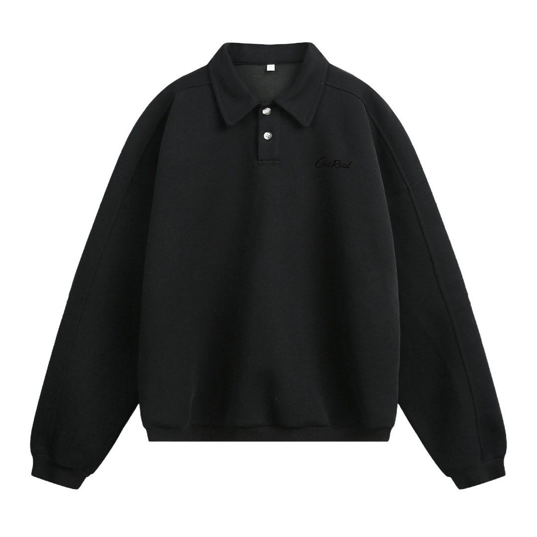 Unisex Oversize Polokragen-Sweatpullover mit Halbknopfleiste und Raglanärmeln Drune
