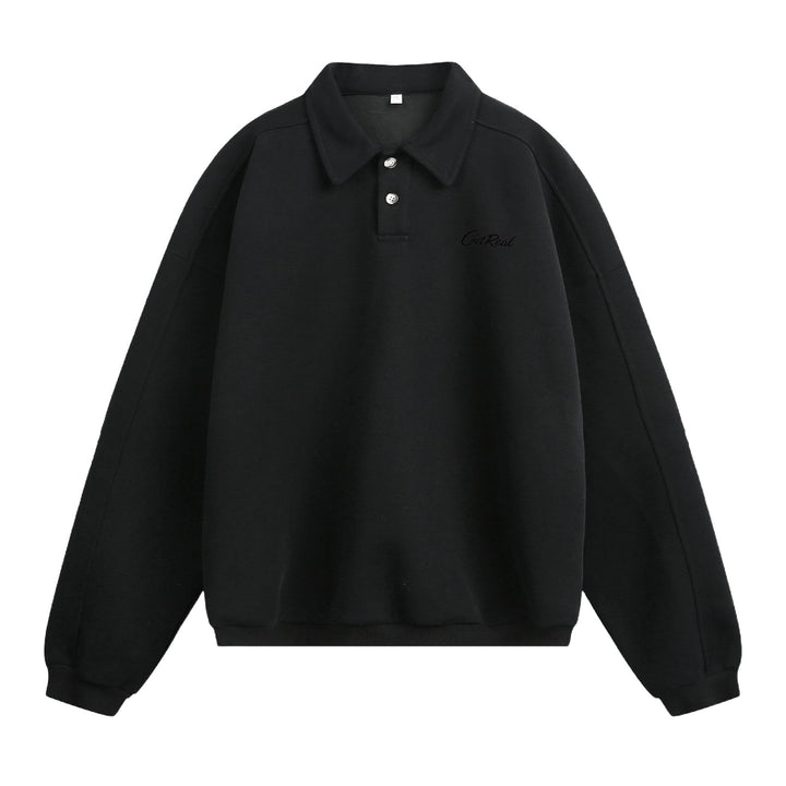 Unisex Oversize Polokragen-Sweatpullover mit Halbknopfleiste und Raglanärmeln Drune