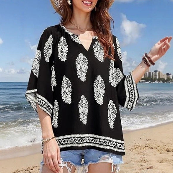 Damen Lockeres Strand-Tunika-Oberteil mit V‑Ausschnitt und Boho‑Print Drune