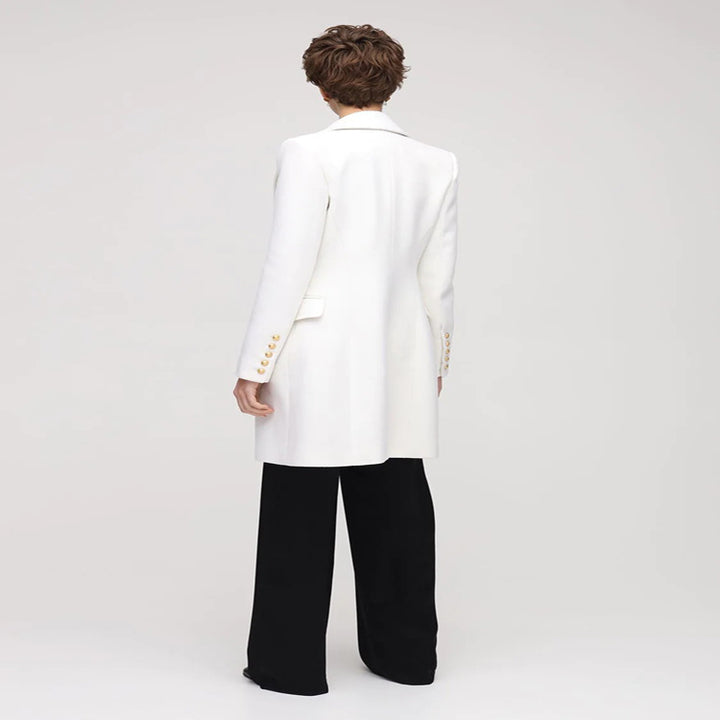 Damen Schmalgeschnittener Zweireihiger Wollmix-Longcoat mit markanter Schulter und goldenen Zierrundknöpfen Drune