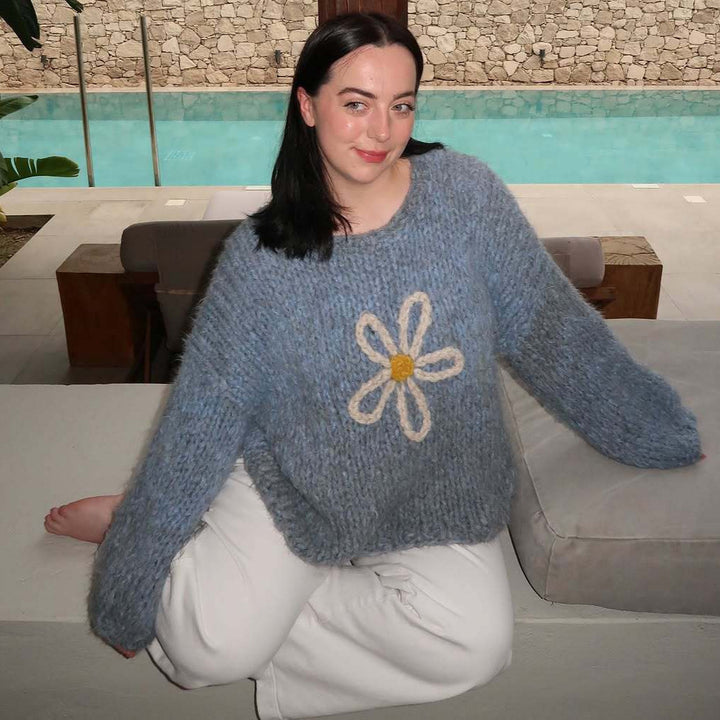 Damen lässiger Strickpullover mit floralem Motiv und oversized Schnitt Drune