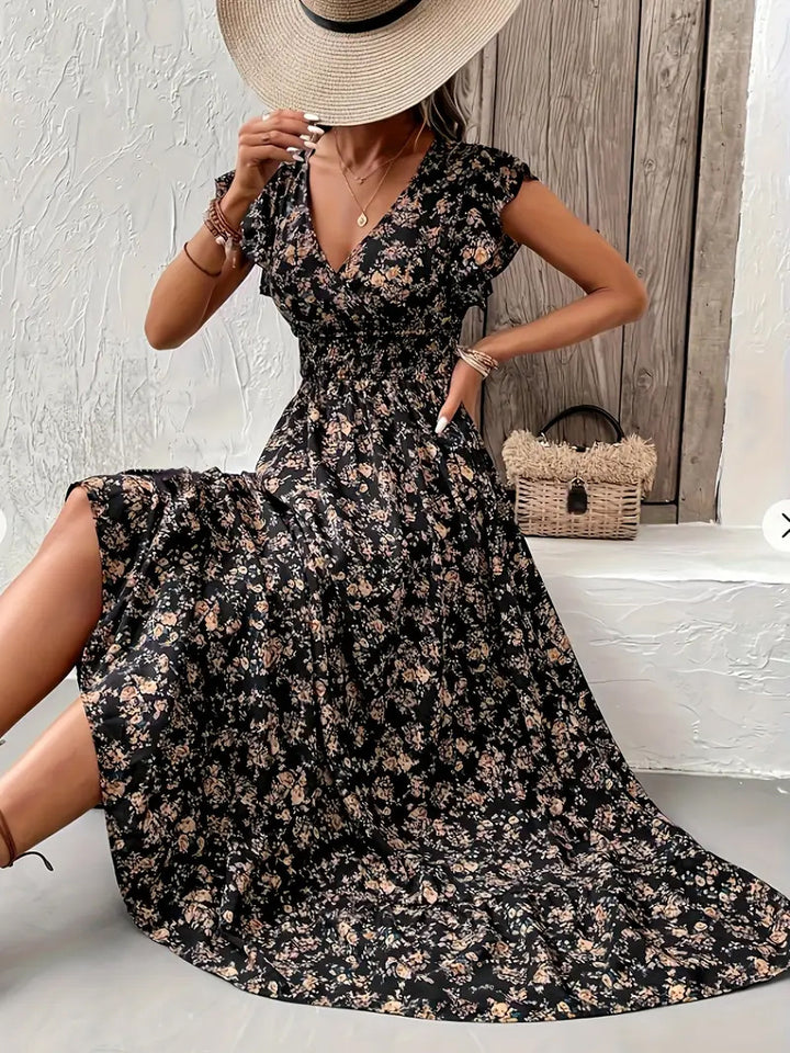Damen Maxikleid mit Rüschendetails und elegantem V-Ausschnitt Drune