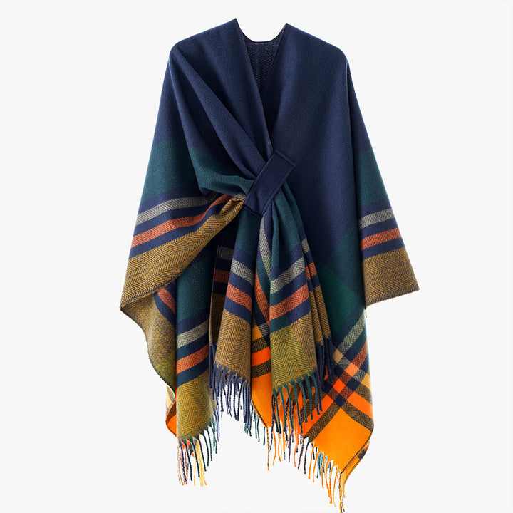 Damen Cape-Umhang aus Wollmix mit Bindegürtel und Karodessin Drune