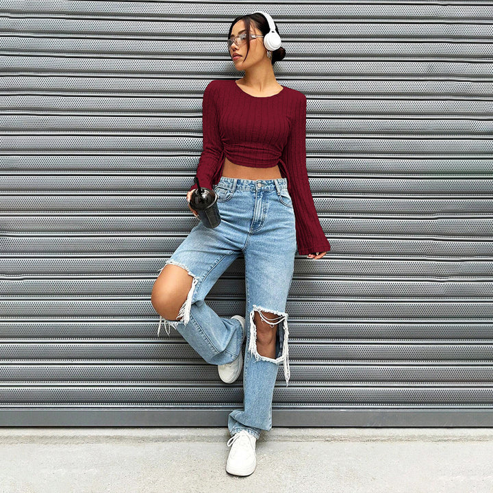 Damen geripptes Cropped-Longsleeve mit seitlicher Tunnelzugraffung, ausgestellten Ärmeln und figurbetonter Passform Drune