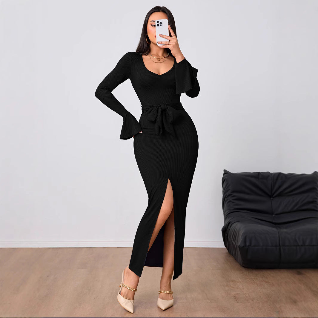 Damen figurbetontes Maxikleid mit V-Ausschnitt Trompetenärmeln Taillenband und hohem Seitenschlitz Drune