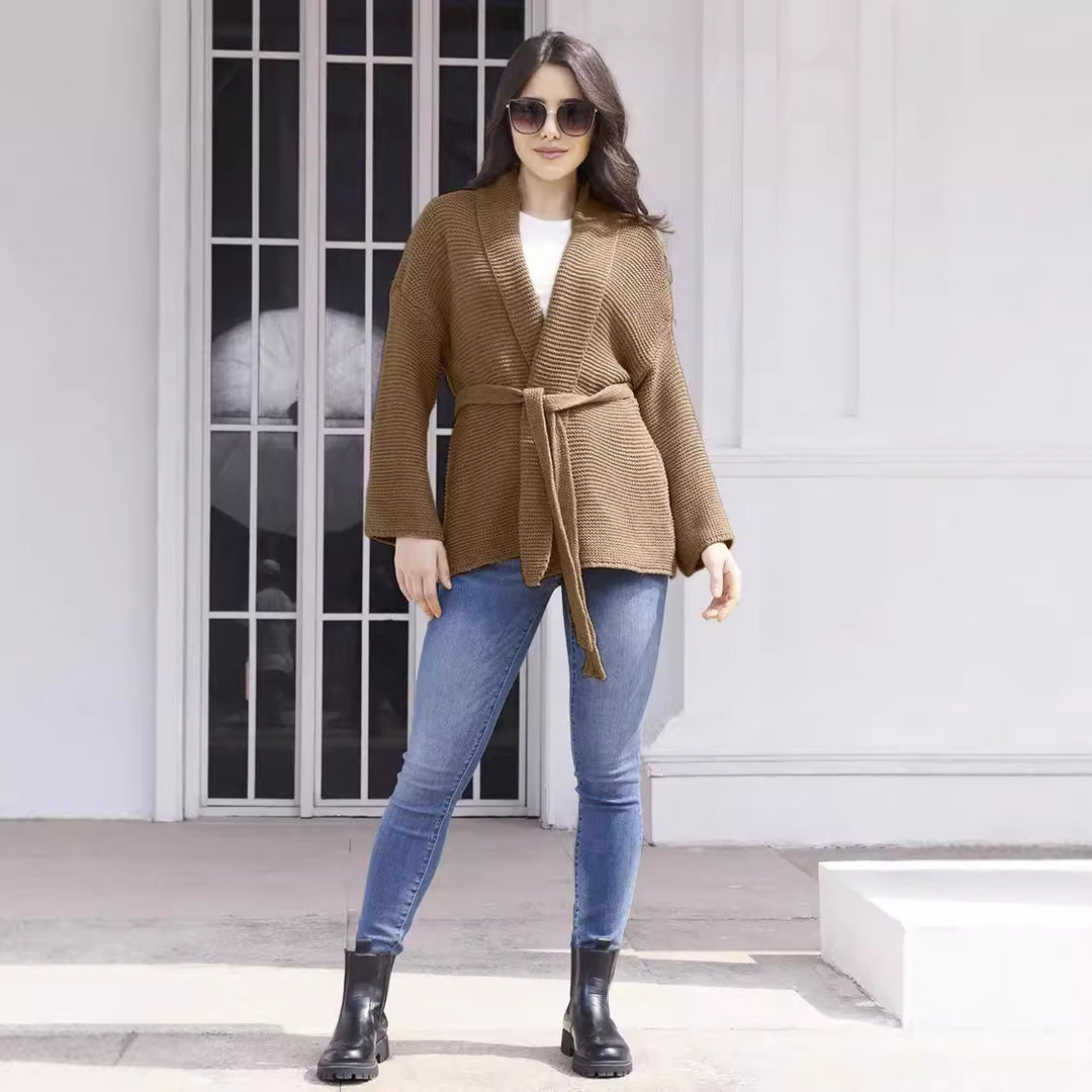 Damen lässiger Strickcardigan mit Taillengürtel und Schulternähten Drune