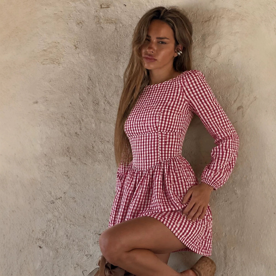 Damen tailliertes Vichy-Minikleid mit langen Ärmeln, figurbetonter Teilungsnaht und voluminöser Rockpartie Drune