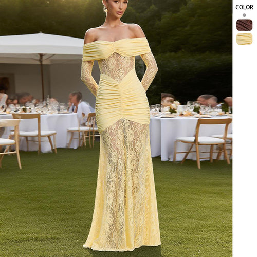 Damen Elegantes Spitzenmaxikleid mit raffinierten Rüschendetails und schulterfreien Trägern Drune