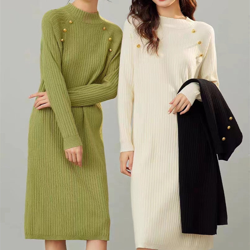Damen Strickkleid mit dekorativen Knopfdetails und feiner Rippstruktur Drune