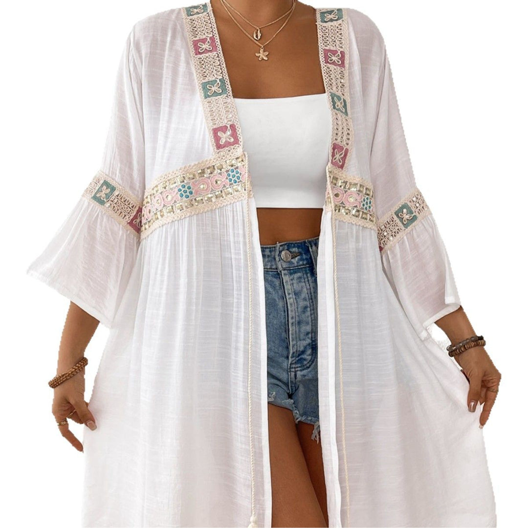 Damen luftiger Strandkimono mit floralen Stickereien Drune