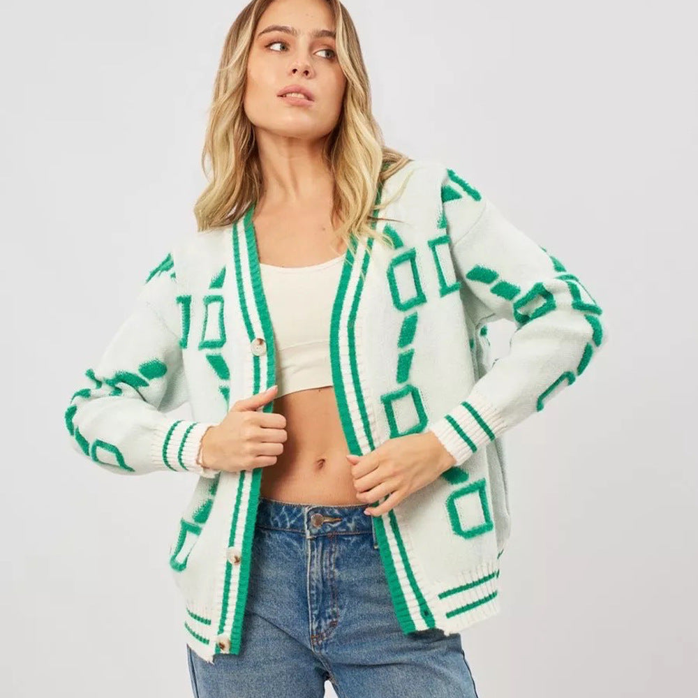 Damen Oversized Strickjacke mit großem geometrischen Muster und Knopfverschluss Drune