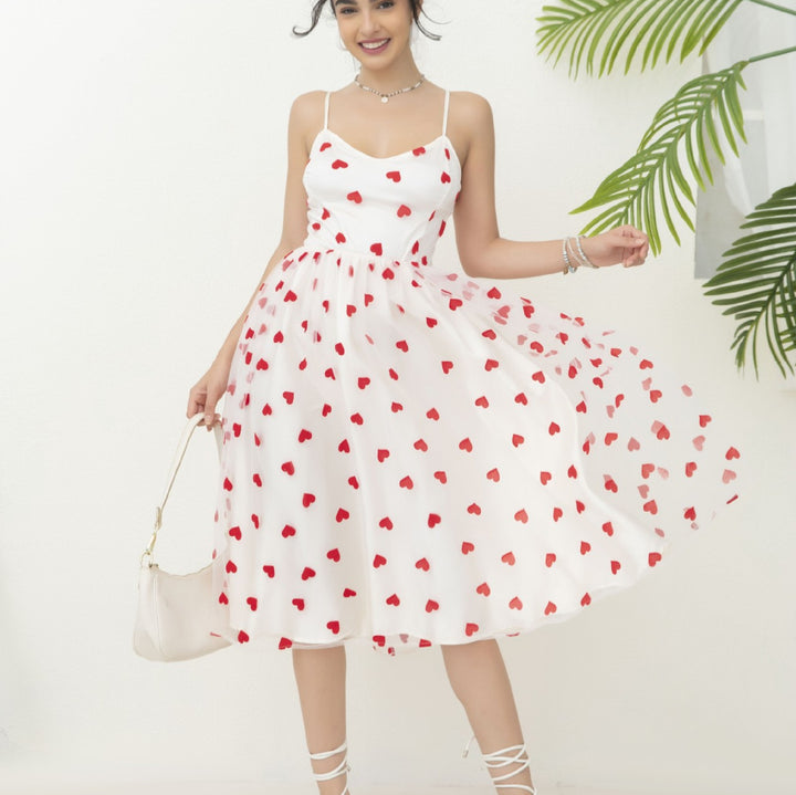 Damen romantisches A-Linien Kleid mit Herzmotiv und verstellbaren Trägern Drune