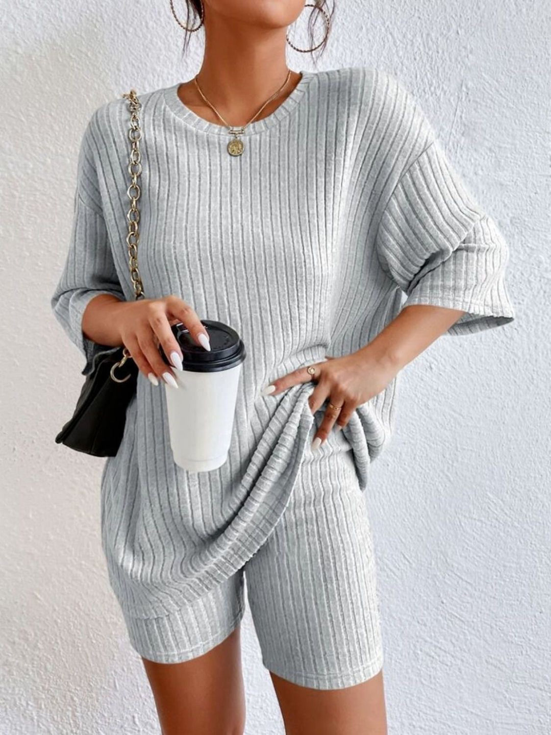 Damen Lässiges Rippstrick-Lounge-Set mit Oversize-Kurzarmoberteil und High-Waist-Biker-Shorts Drune