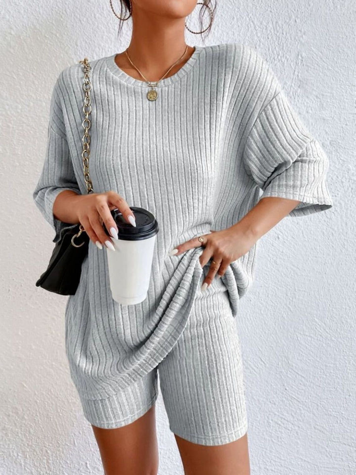 Damen Lässiges Rippstrick-Lounge-Set mit Oversize-Kurzarmoberteil und High-Waist-Biker-Shorts Drune