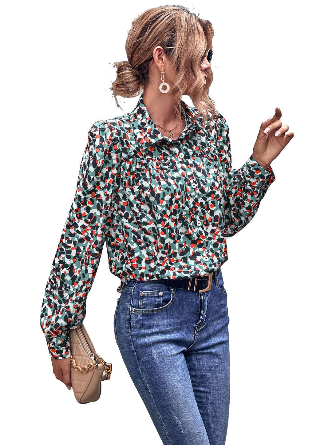 Damen Bluse mit floralem Muster und Puffärmeln Drune