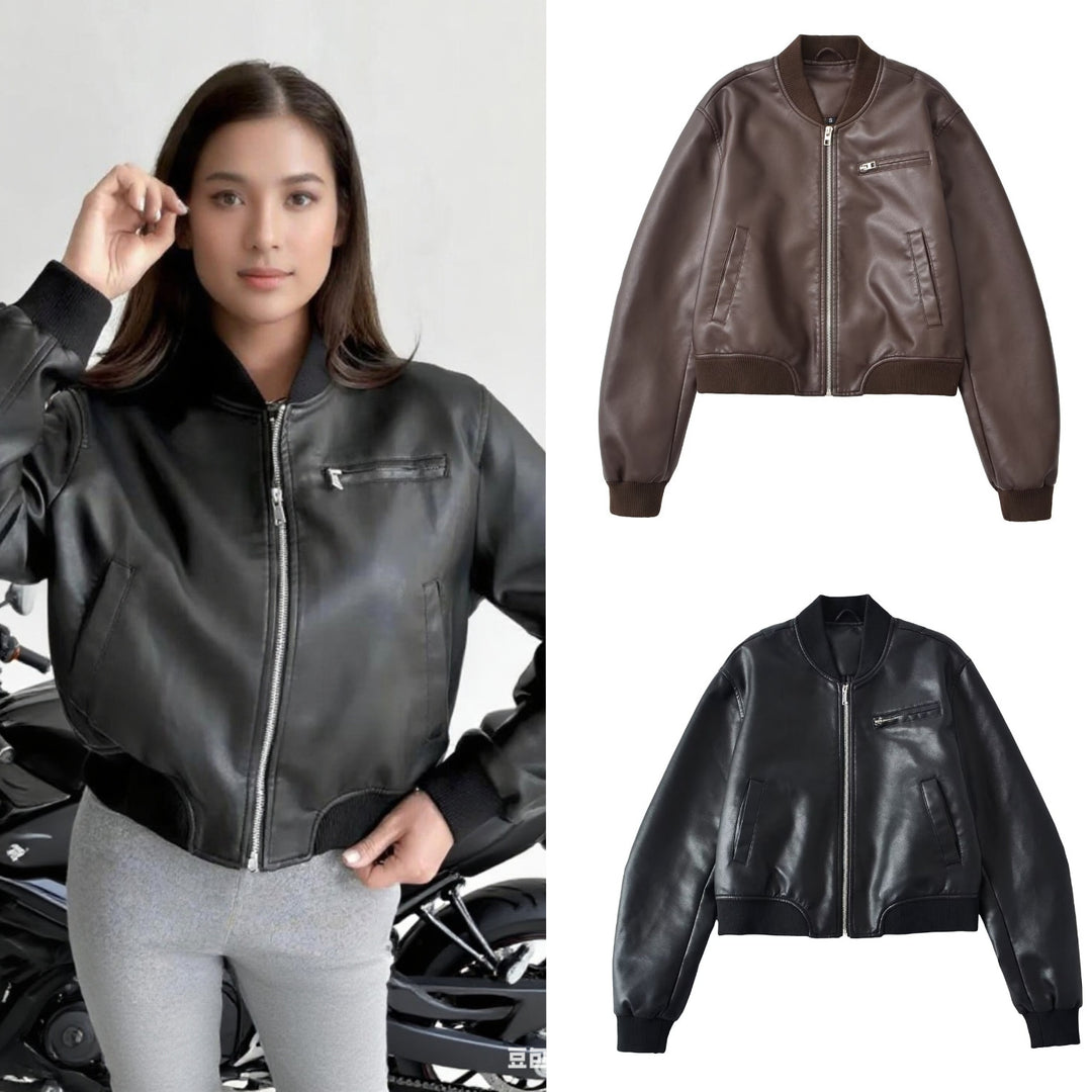Damen Kunstleder Bomberjacke mit elastischem Abschluss und praktischen Taschen Drune