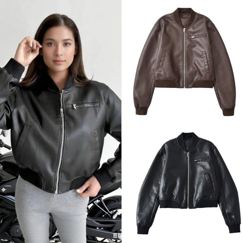 Damen Kunstleder Bomberjacke mit elastischem Abschluss und praktischen Taschen Drune