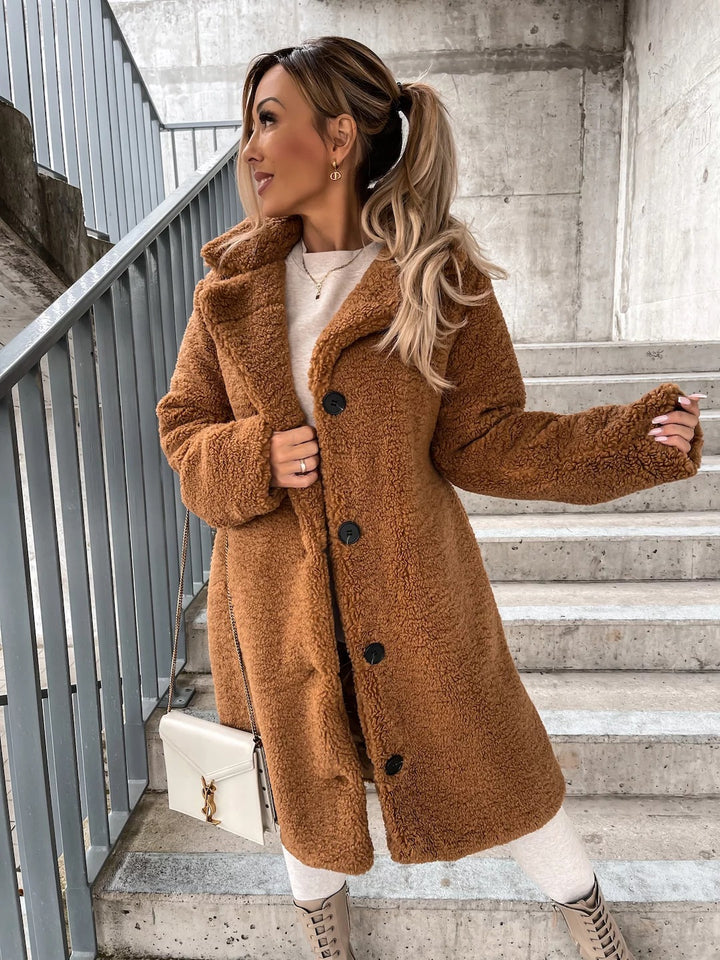 Damen Lange Teddy Faux-Shearling Knopf-Front Mantel mit Reverskragen Drune