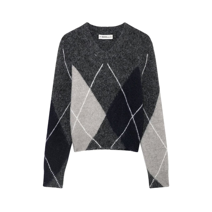 Damen Argyle-Pullover aus Wollmix mit weichem Flor und kastiger Cropped-Silhouette Drune