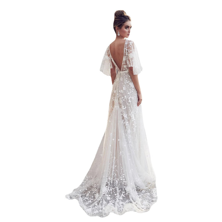 Damen Abendkleid mit floralen Stickereien und Spitzenärmeln Drune