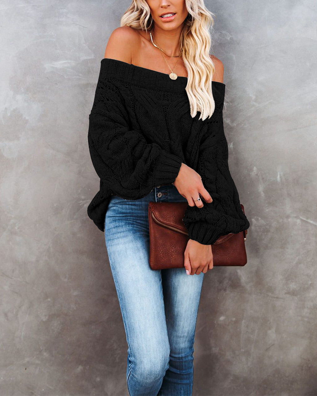 Damen Oversized Strickpullover mit weitem Ausschnitt und Rippdetails Drune
