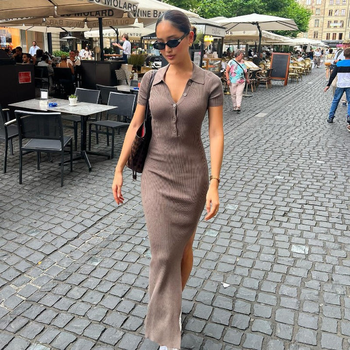 Damen Maxikleid mit kurzem Arm und klassischem Kragen Drune