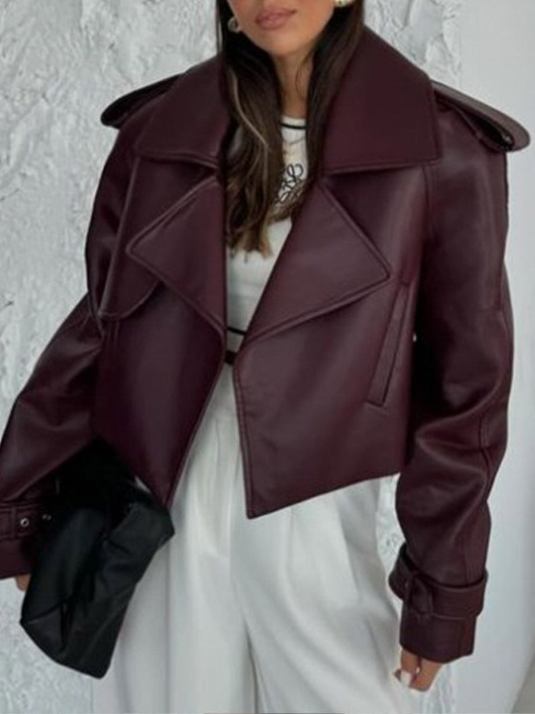 Damen Kunstlederjacke im modischen Biker-Stil mit breitem Revers Drune