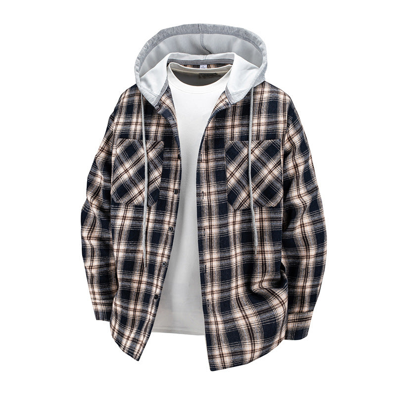 Herren -Layered-Flanell-Overshirt mit angenähter Kapuze und Brusttaschen Drune