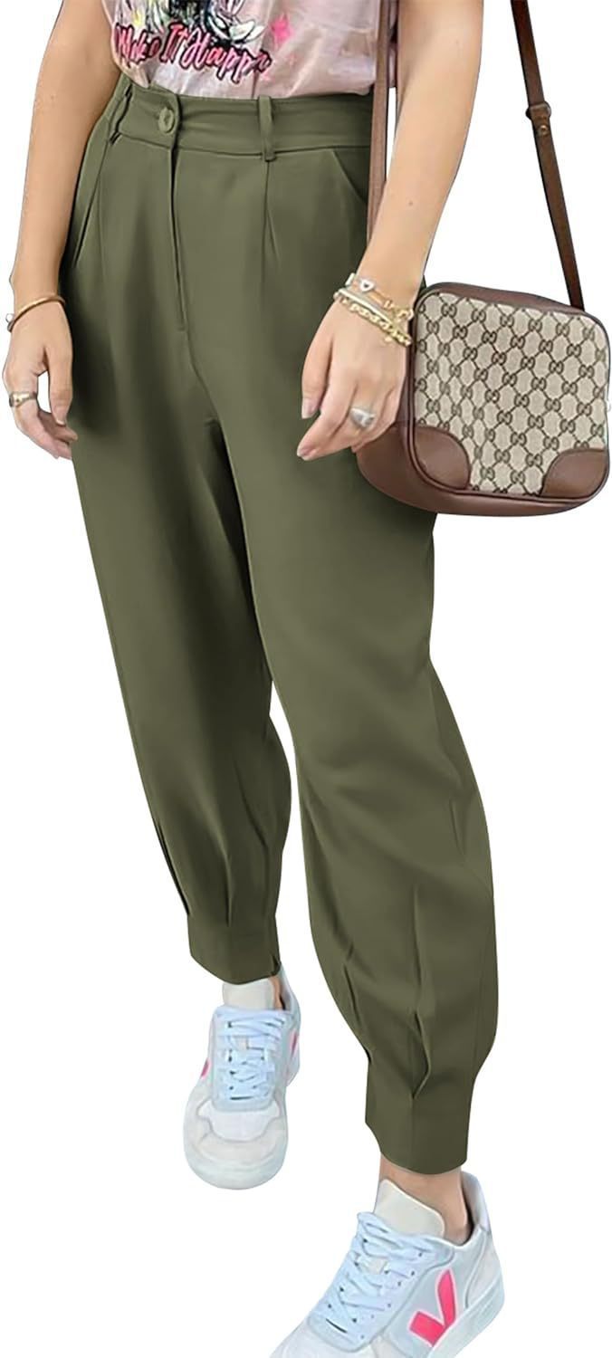 Damen elegante und modische High-Waist Hose mit Falten und seitlichen Taschen Drune