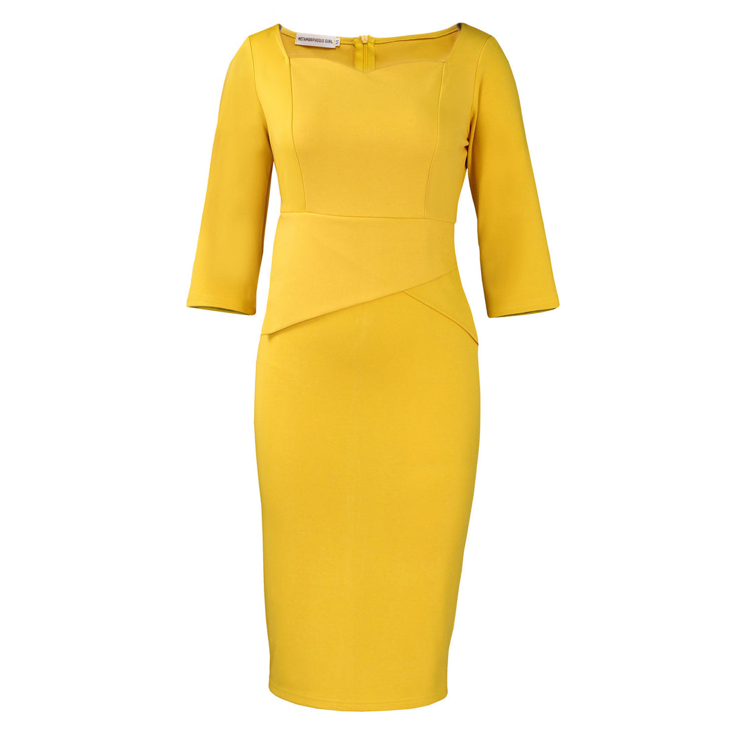 Damen elegantes Bodycon-Kleid mit asymmetrischem Saum und 3/4-Ärmeln Drune
