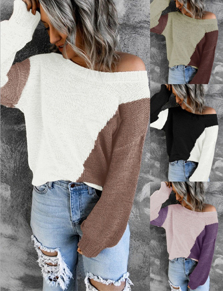 Damen Oversize Schulterfreier Strickpullover mit Colorblock-Design und weiten Ärmeln Drune